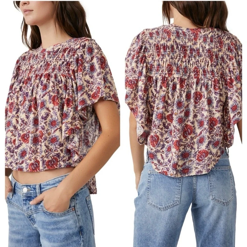 FREE PEOPLE Boho Multi-Color Floral Cropped Blouse Size Small